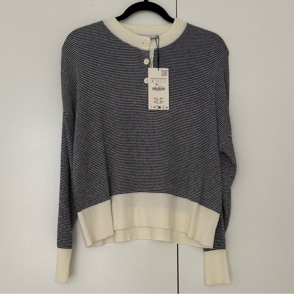 Zara Striped Knit Sweater, Navy and Cream, Women’s Size S